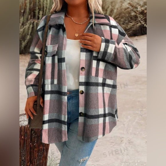 SHEIN LUNE Plus Size Plaid Pattern Flap Pocket Casual Light Jacket, Shacket NEW! - Picture 3 of 4